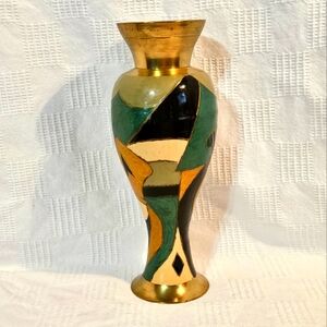 Vintage Bohemian Hand Painted Brass & Enameled Abstract Vase 12" High